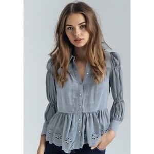 & Other Stories Top Women Size Small Blue Eyelet Lace Tiered Button Up Collar